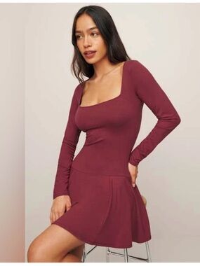 Reformation Coen Jersey Knit Long Sleeve Square Neck Mini Dress Chianti M